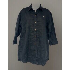 Lauren Ralph Lauren Women’s Linen Black Tunic Shirt Dress Gold Logo Collared (M)